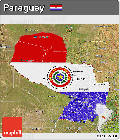 Flag 3D Map of Paraguay, satellite outside, flag centered