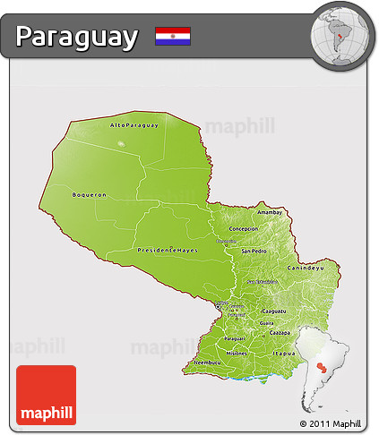 Physical 3D Map of Paraguay, cropped outside