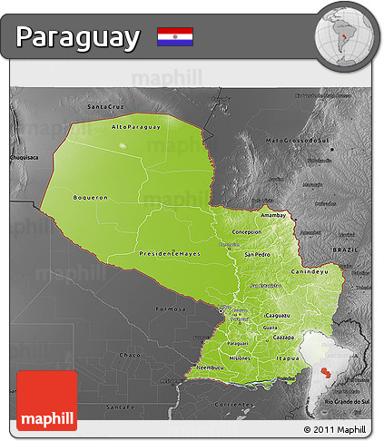 Physical 3D Map of Paraguay, darken, desaturated