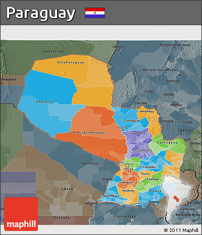 Political 3D Map of Paraguay, darken, semi-desaturated
