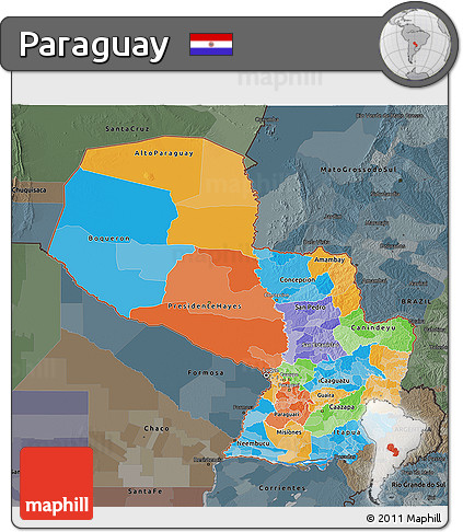 Political 3D Map of Paraguay, darken, semi-desaturated