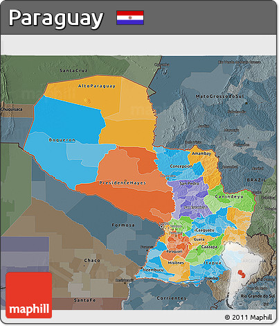 Political 3D Map of Paraguay, darken, semi-desaturated