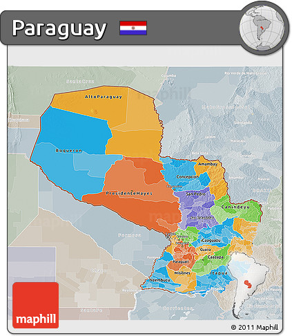 Political 3D Map of Paraguay, lighten, semi-desaturated