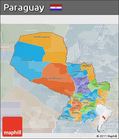 Political 3D Map of Paraguay, lighten, semi-desaturated
