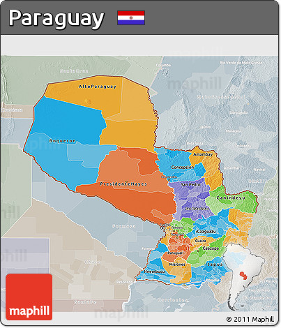 Political 3D Map of Paraguay, lighten, semi-desaturated