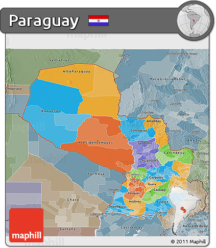 Political 3D Map of Paraguay, semi-desaturated