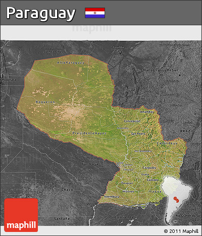 Satellite 3D Map of Paraguay, darken, desaturated