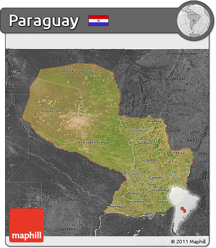 Satellite 3D Map of Paraguay, darken, desaturated