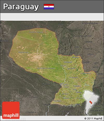 Satellite 3D Map of Paraguay, darken, semi-desaturated