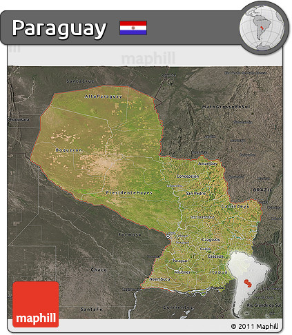 Satellite 3D Map of Paraguay, darken, semi-desaturated