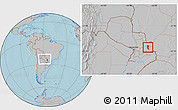 Gray Location Map of Itakyry, within the entire country, hill shading