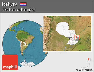 Satellite Location Map of Itakyry, highlighted country, highlighted parent region, within the entire country