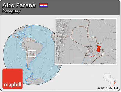 Gray Location Map of Alto Parana, within the entire country, hill shading