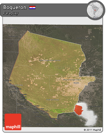 Satellite 3D Map of Boqueron, darken, semi-desaturated