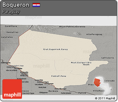 Shaded Relief Panoramic Map of Boqueron, darken, semi-desaturated