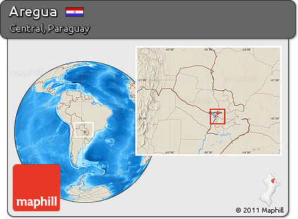 Shaded Relief Location Map of Aregua, within the entire country