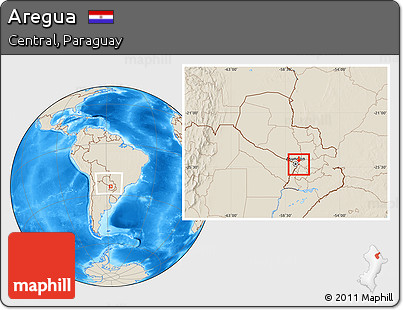 Shaded Relief Location Map of Aregua, within the entire country