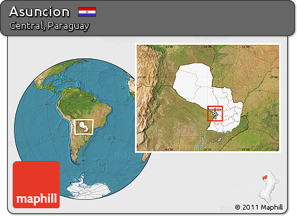 Satellite Location Map of Asuncion, highlighted country, highlighted parent region, within the entire country