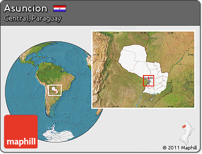 Satellite Location Map of Asuncion, highlighted country, highlighted parent region, within the entire country