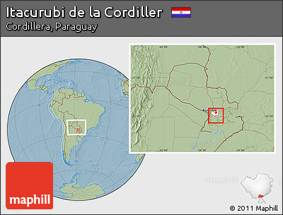 Savanna Style Location Map of Itacurubi De La Cordiller, highlighted parent region, within the entire country, hill shading