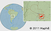 Savanna Style Location Map of Itapua, within the entire country, hill shading