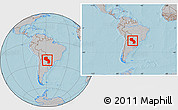 Gray Location Map of Paraguay, within the entire continent, hill shading