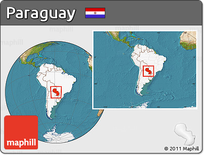 Satellite Location Map of Paraguay, highlighted continent, within the entire continent