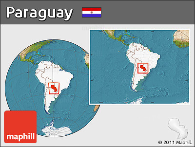 Satellite Location Map of Paraguay, highlighted continent, within the entire continent