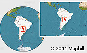 Satellite Location Map of Paraguay, highlighted continent, within the entire continent
