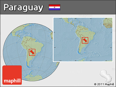 Savanna Style Location Map of Paraguay, within the entire continent, hill shading