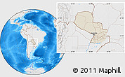 Shaded Relief Location Map of Paraguay, lighten, desaturated, land only