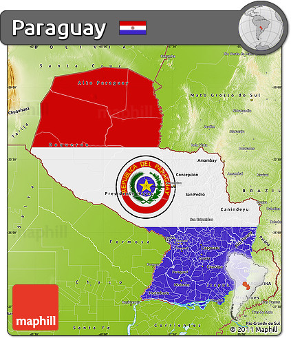 Flag Map of Paraguay, physical outside, flag centered