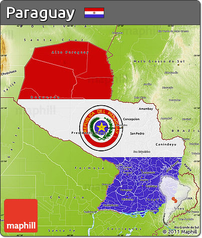Flag Map of Paraguay, physical outside, flag centered