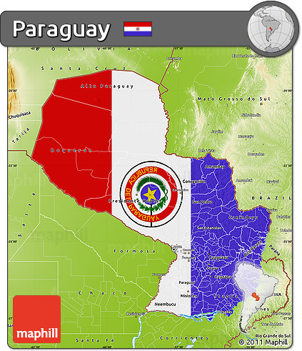 Flag Map of Paraguay, physical outside, flag aligned to the middle