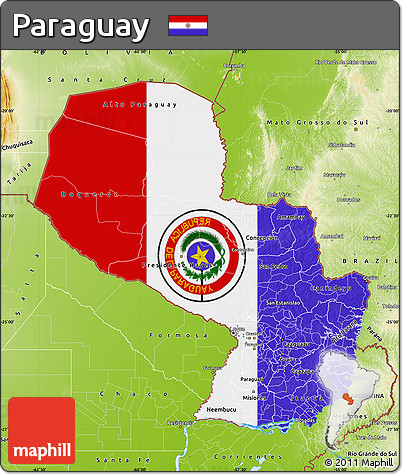 Flag Map of Paraguay, physical outside, flag aligned to the middle