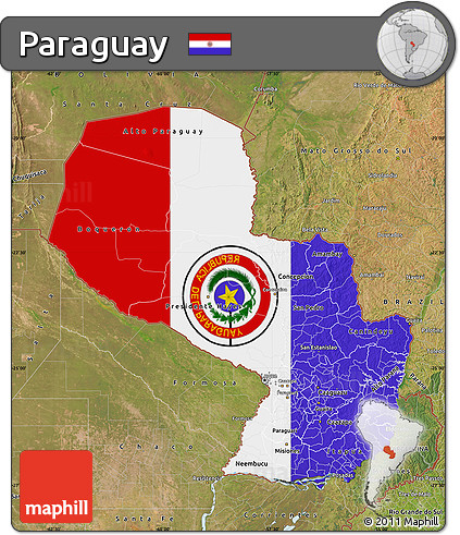 Flag Map of Paraguay, satellite outside, flag aligned to the middle
