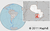 Gray Location Map of Neembucu, highlighted country, within the entire country, hill shading