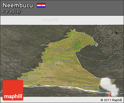Satellite Panoramic Map of Neembucu, darken, semi-desaturated