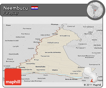 Shaded Relief Panoramic Map of Neembucu, desaturated