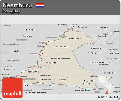 Shaded Relief Panoramic Map of Neembucu, desaturated