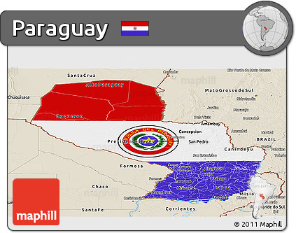 Flag Panoramic Map of Paraguay, shaded relief outside, flag centered
