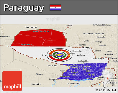 Flag Panoramic Map of Paraguay, shaded relief outside, flag centered