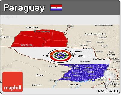 Flag Panoramic Map of Paraguay, shaded relief outside, flag centered