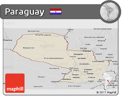 Shaded Relief Panoramic Map of Paraguay, desaturated