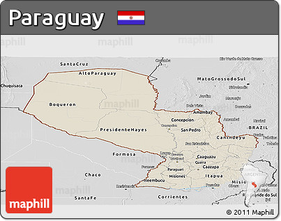 Shaded Relief Panoramic Map of Paraguay, desaturated