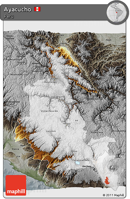 Physical 3D Map of Ayacucho, darken, semi-desaturated