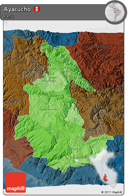 Political Shades 3D Map of Ayacucho, darken