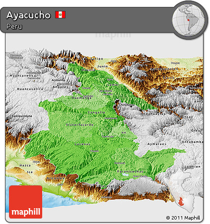 Political Shades Panoramic Map of Ayacucho, physical outside