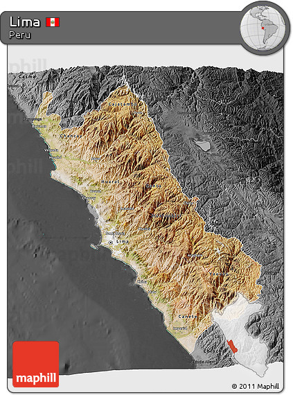 Satellite 3D Map of Lima, darken, desaturated