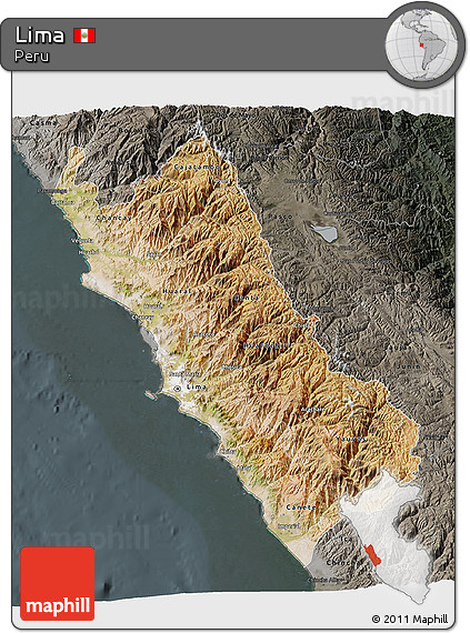 Satellite 3D Map of Lima, darken, semi-desaturated